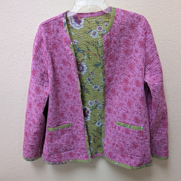 Vintage Reversible Spring Green/Pink Floral Quilted Jacket. 100% Cotton Size L - Picture 2 of 5